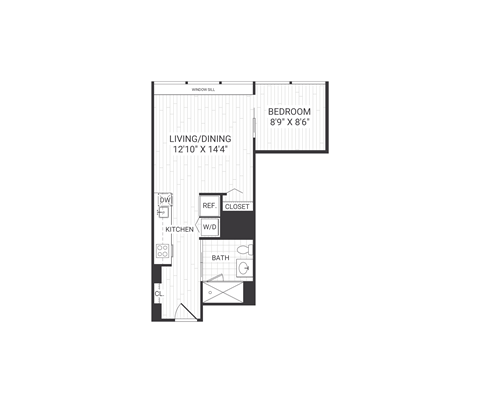 Floor plan for 1 bed, 1 bath, 529 sqft