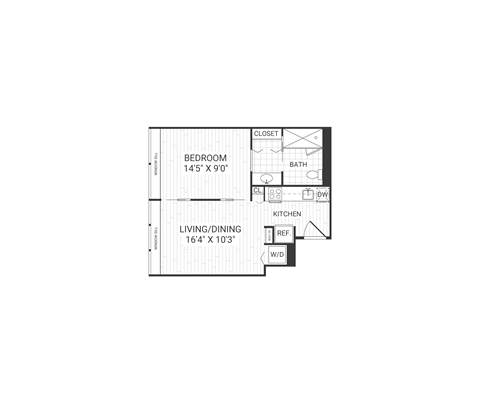 Floor plan for 1 bed, 1 bath, 569 sqft