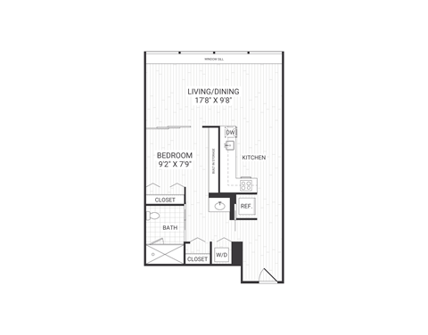 Floor plan for 1 bed, 1 bath, 599 sqft