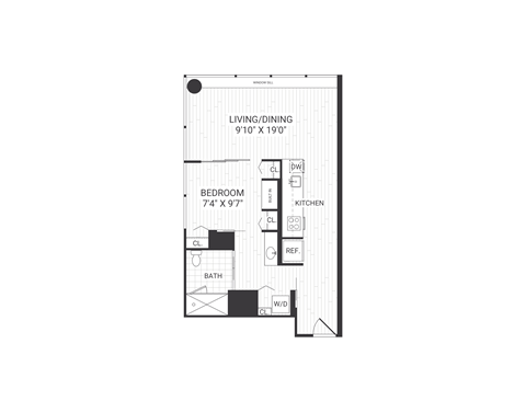 Floor plan for 1 bed, 1 bath, 612 sqft