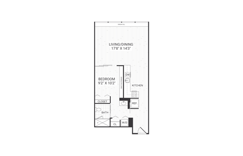 Floor plan for 1 bed, 1 bath, 736 sqft