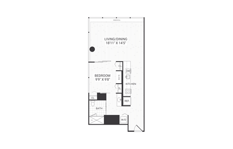Floor plan for 1 bed, 1 bath, 752 sqft