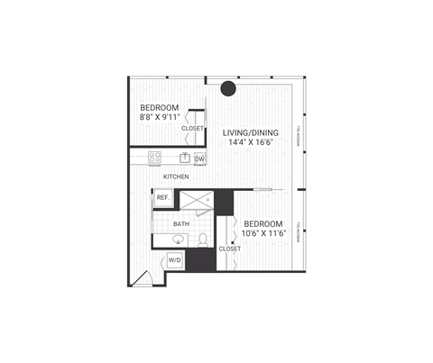 Floor plan for 2 beds, 1 bath, 824 sqft