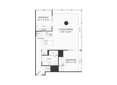 Floor plan for 2 beds, 1 bath, 1013 sqft