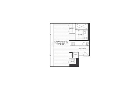 Floor plan for studio, 1 bath, 413 sqft