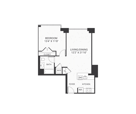 Floor plan for 1 bed, 1 bath, 749 sqft