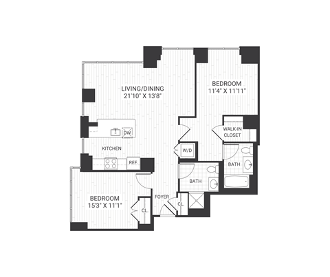 Floor plan for 2 beds, 2 baths, 1126 sqft