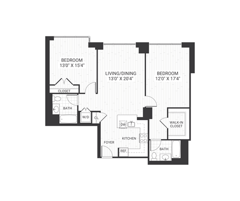 Floor plan for 2 beds, 2 baths, 1152 sqft