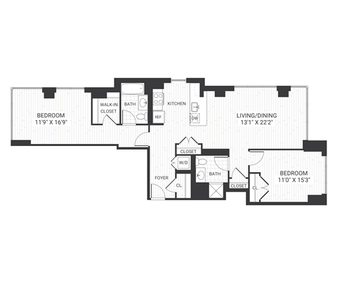 Floor plan for 2 beds, 2 baths, 1276 sqft