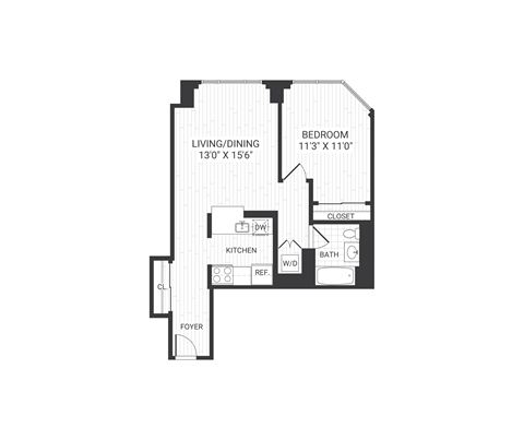 Floor plan for 1 bed, 1 bath, 689 sqft