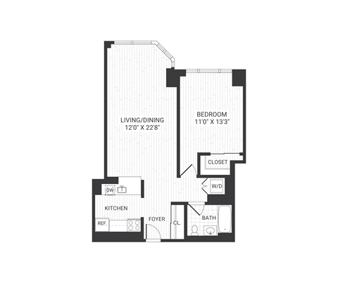Floor plan for 1 bed, 1 bath, 770 sqft