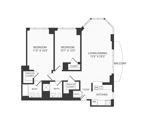 Floor plan for 2 beds, 2 baths, 1187 sqft