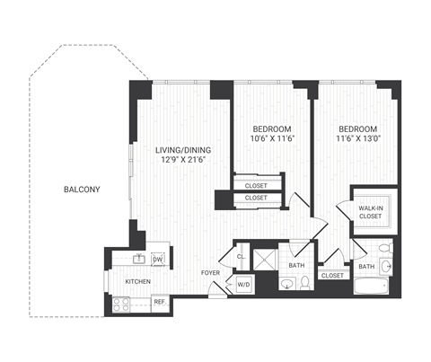 Floor plan for 2 beds, 2 baths, 1164 sqft