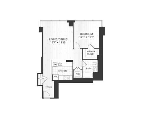 Floor plan for 1 bed, 1 bath, 819 sqft