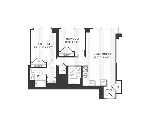 Floor plan for 2 beds, 2 baths, 1035 sqft