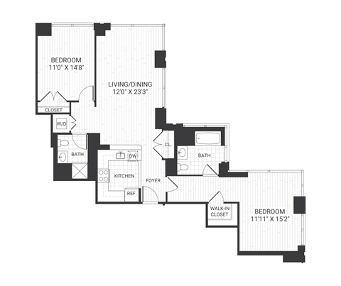 Floor plan for 2 beds, 2 baths, 1172 sqft