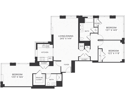 Floor plan for 3 beds, 2 baths, 1659 sqft