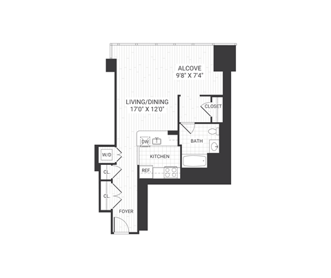 Floor plan for studio, 1 bath, 673 sqft