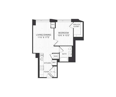Floor plan for 1 bed, 1 bath, 665 sqft
