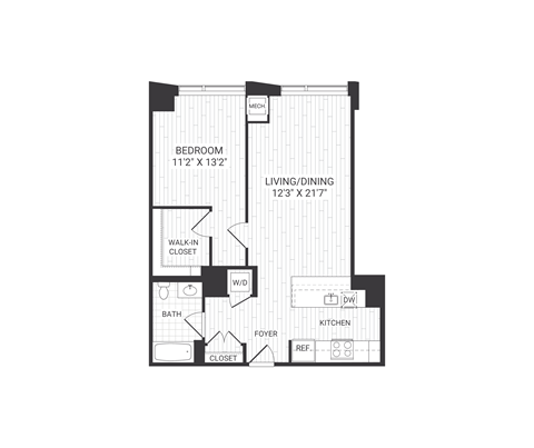 Floor plan for 1 bed, 1 bath, 847 sqft