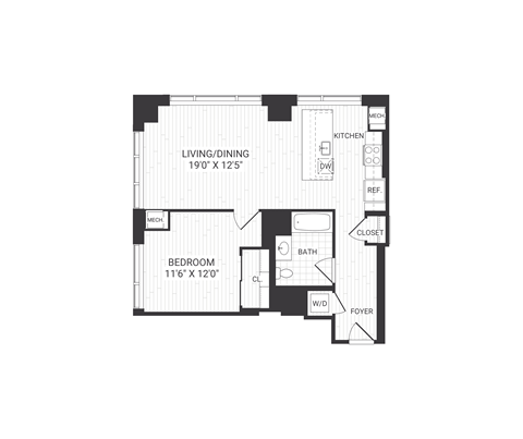 Floor plan for 1 bed, 1 bath, 809 sqft