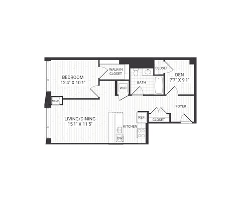 Floor plan for 1 bed, 1 bath, 818 sqft