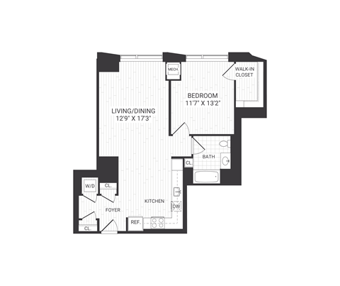 Floor plan for 1 bed, 1 bath, 833 sqft