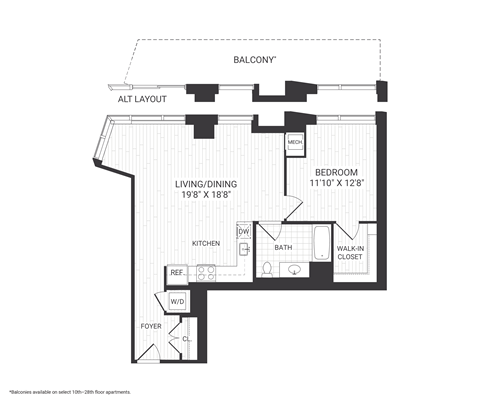Floor plan for 1 bed, 1 bath, 835 sqft