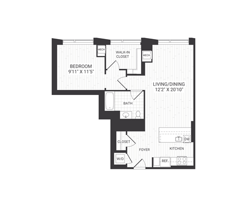 Floor plan for 1 bed, 1 bath, 865 sqft