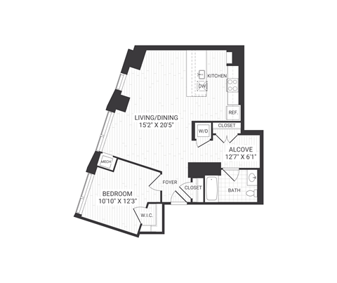 Floor plan for 1 bed, 1 bath, 868 sqft