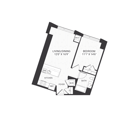 Floor plan for 1 bed, 1 bath, 675 sqft