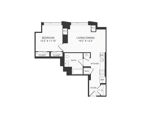 Floor plan for 1 bed, 1 bath, 704 sqft
