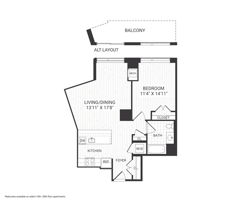 Floor plan for 1 bed, 1 bath, 745 sqft