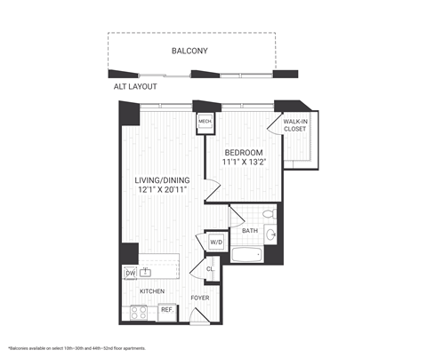 Floor plan for 1 bed, 1 bath, 744 sqft