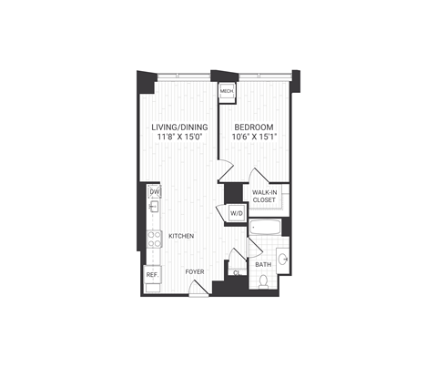 Floor plan for 1 bed, 1 bath, 767 sqft