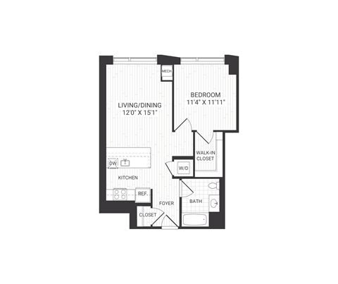 Floor plan for 1 bed, 1 bath, 685 sqft