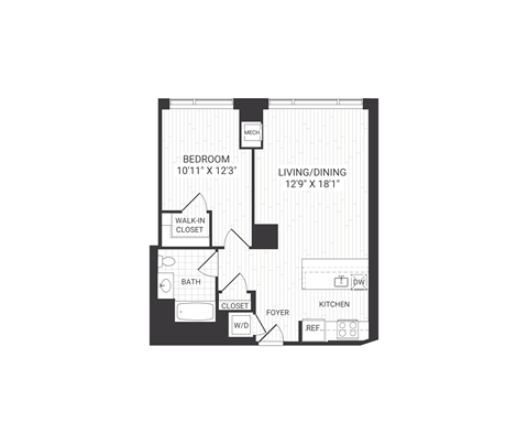 Floor plan for 1 bed, 1 bath, 751 sqft