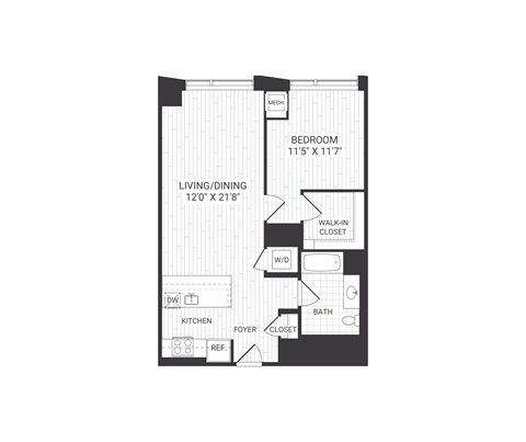 Floor plan for 1 bed, 1 bath, 785 sqft
