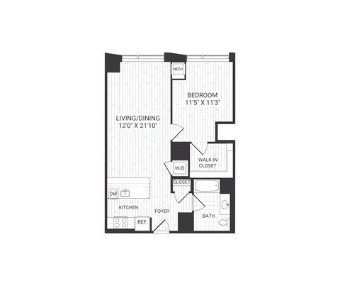 Floor plan for 1 bed, 1 bath, 799 sqft