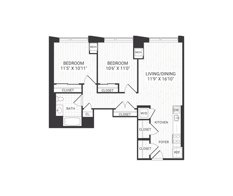 Floor plan for 2 beds, 1 bath, 928 sqft