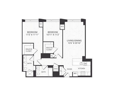 Floor plan for 2 beds, 2 baths, 1213 sqft