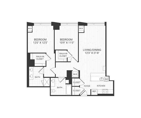 Floor plan for 2 beds, 2 baths, 1245 sqft
