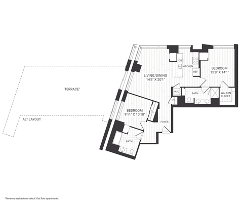 Floor plan for 2 beds, 2 baths, 1200 sqft