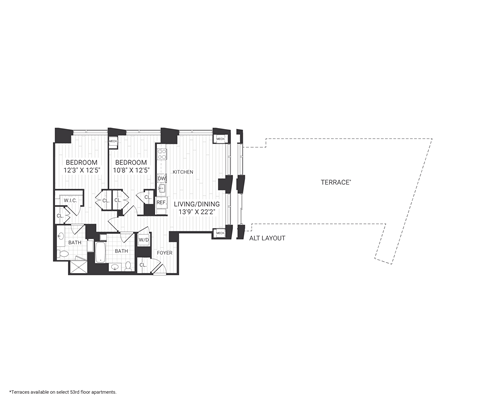 Floor plan for 2 beds, 2 baths, 1245 sqft