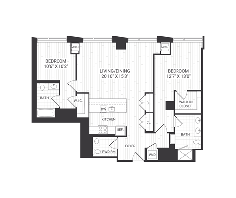 Floor plan for 2 beds, 2.5 baths, 1349 sqft