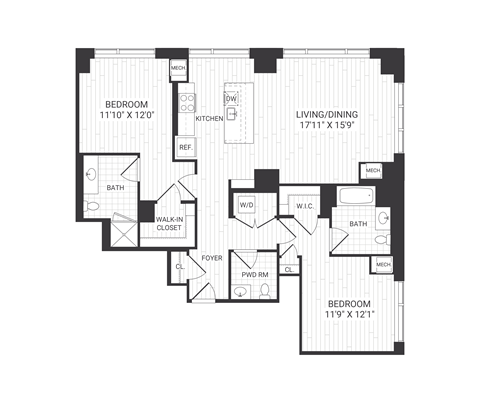 Floor plan for 2 beds, 2.5 baths, 1324 sqft