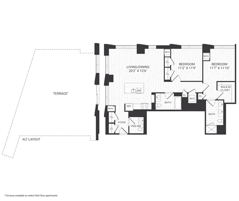 Floor plan for 2 beds, 2.5 baths, 1304 sqft