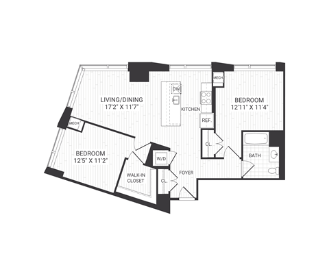 Floor plan for 2 beds, 1 bath, 1003 sqft