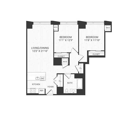 Floor plan for 2 beds, 1 bath, 1038 sqft