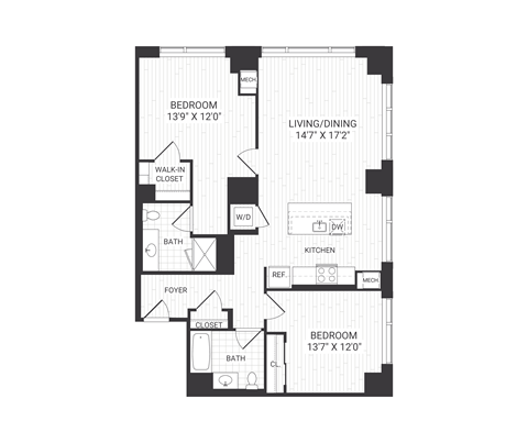 Floor plan for 2 beds, 2 baths, 1166 sqft